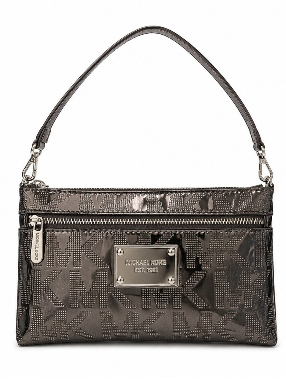 Michael Kors Gunmetal Patent MK Logo Shoulder Bag